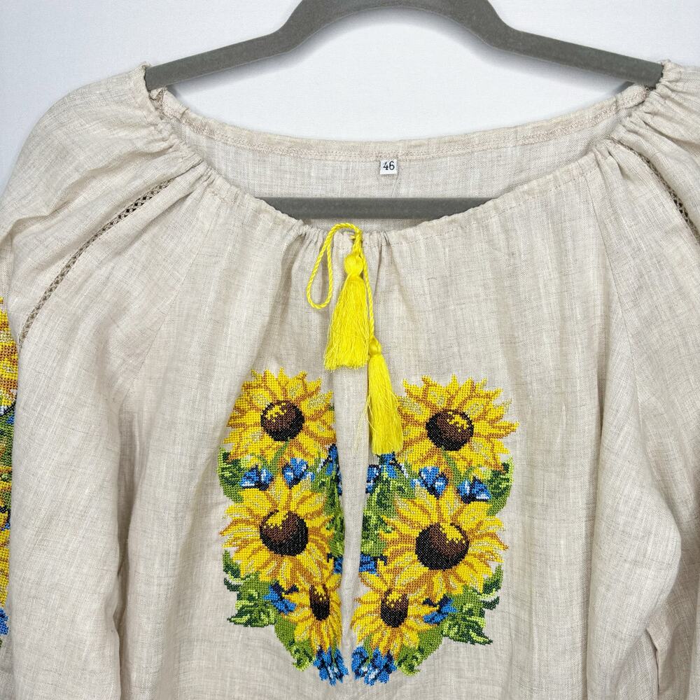 Needlepoint Yellow Sunflower Peasant Blouse Womens 46/XL Drawstring Neckline - Picture 3 of 12